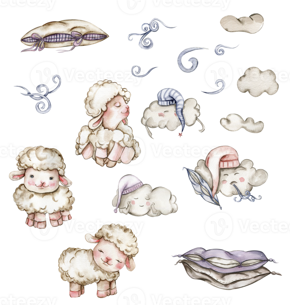 Watercolor hand drawn fluffy sheep, clouds and pillows. png