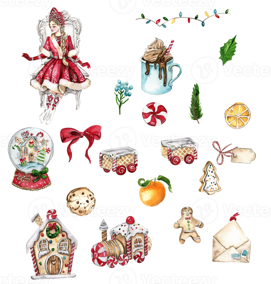 Set of elements for Christmas. Toys, branches, cake. png