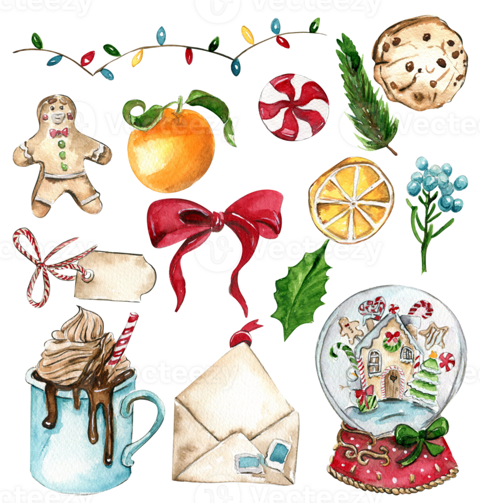 Set of elements for Christmas. Toys, branches, cake. png