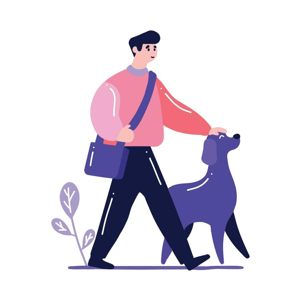 Hand Drawn young man with dog in flat style vector