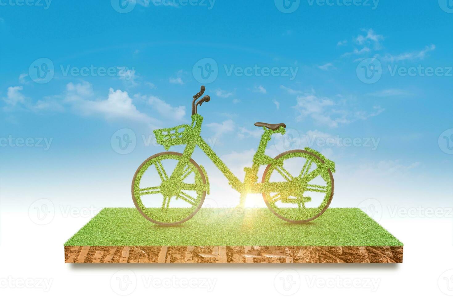 Green bicycle driving green grass field over blue sky background. Environment and ecology concept photo