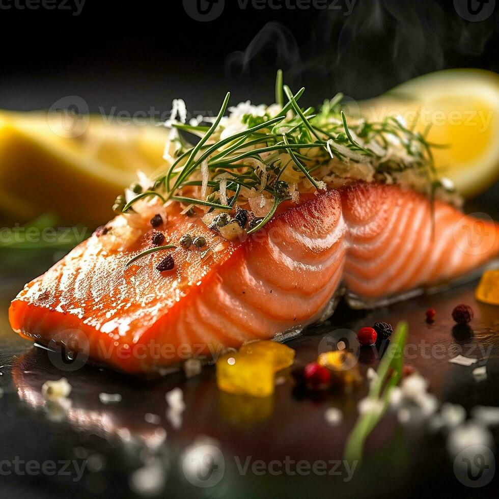 Close up of fresh salmon fish fillet. AI generative photo