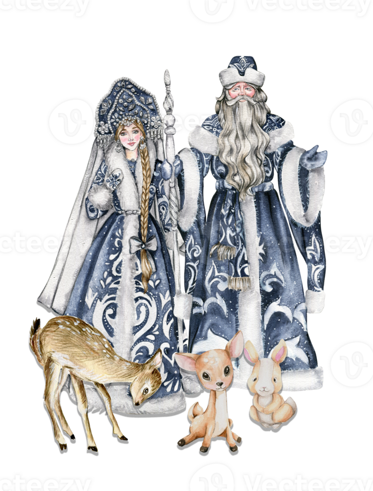 Aquarell Illustration von Santa claus mit Weihnachten Stock im Blau Mantel mit Weiß Ornament, Schnee Mädchen im Blau Kleid und Baby Tiere png