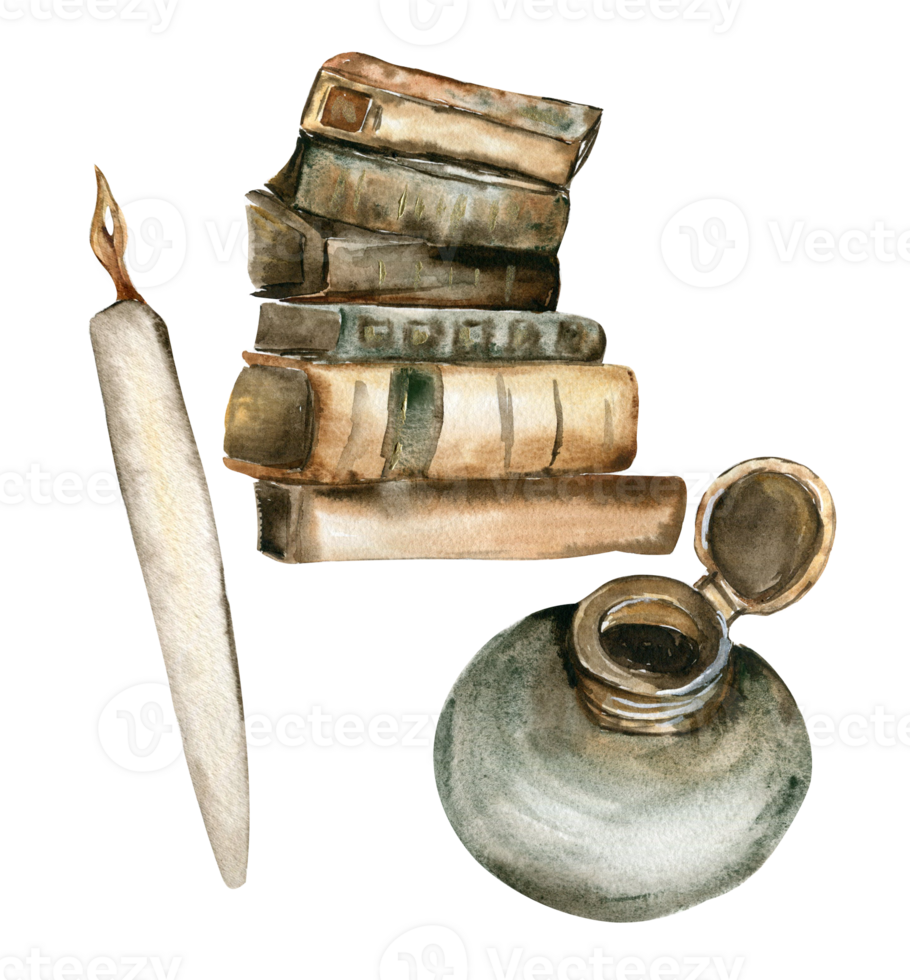 Set of a stack of old books, a quill, a green jar of ink. png