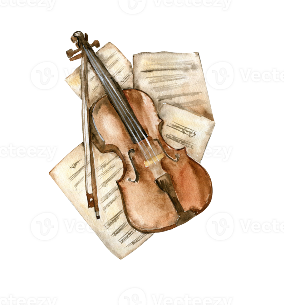 Old violin lies on paper with notes. png