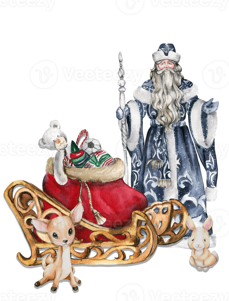 acuarela ilustración de Papa Noel claus con Navidad palo en azul Saco con blanco ornamento y bebé animales png