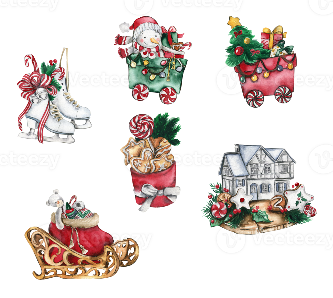 Set of elements for Christmas. Christmas sledges, skates, wagons house . png