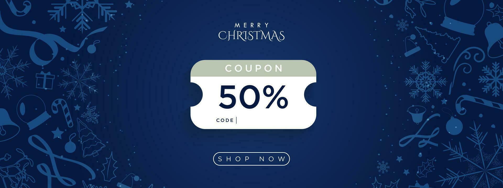 Blue Merry Christmas 50 off Coupon banner with copy space for code and shop now CTA button. Blue Christmas decorations snowflakes, gifts, ribbons, Santa. Vector Illustration