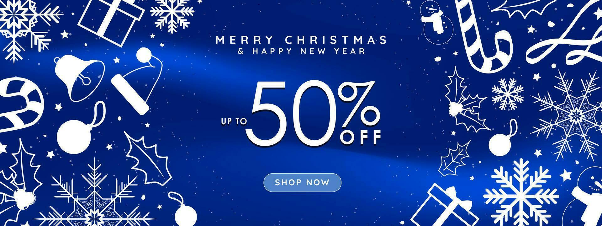 Blue and White Christmas Sale Banner  with hand drawn Christmas elements, snowflakes, presents, snow, candy cane. Up to 50 off. Vector Illustration. EPS 10