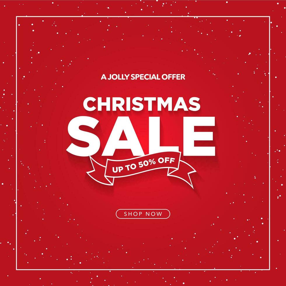 Simple Red Christmas Sale Card Poster with Up To 50 Off tag and shop now CTA Button. Vector Illustration. EPS 10.