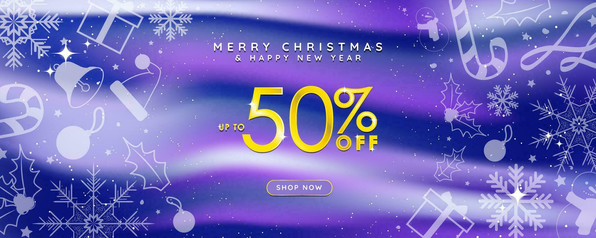 Beautiful Blue Christmas Sale Banner with golden 50 off lettering and white decorative Christmas elements, shop now CTA button. Editable Vector Illustration. EPS 10