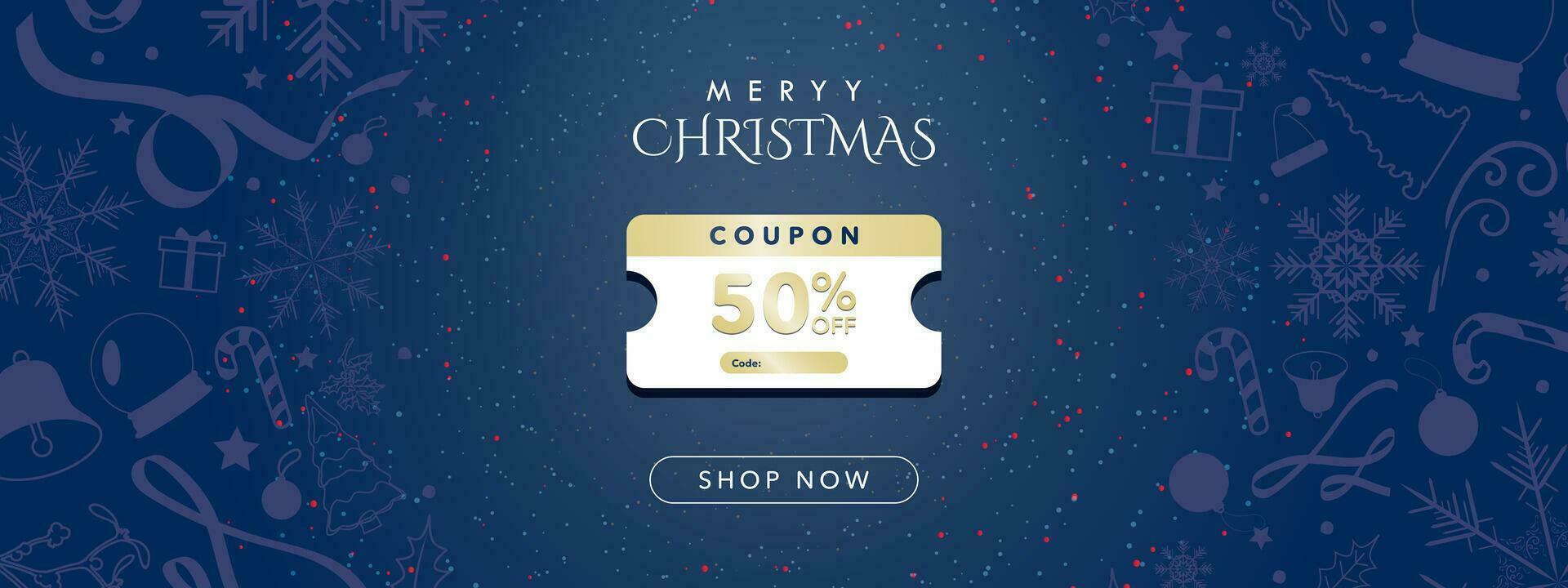 Christmas Gold 50 off Coupon Icon with copyspace for code and shop now CTA button on blue gradient background with soft blue christmas designs. Snowflakes, candy cane, snow, ribbons. Editable Vector. vector