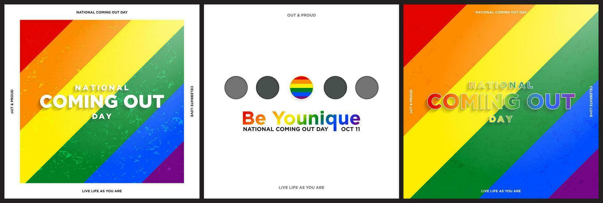 Set of National Coming Out Day Greeting Card concepts. Rainbow Pride Flag background with sunshine and lettering. Be younique. Pride Flag colors. Vector Illustration. Celebrated on October 11.