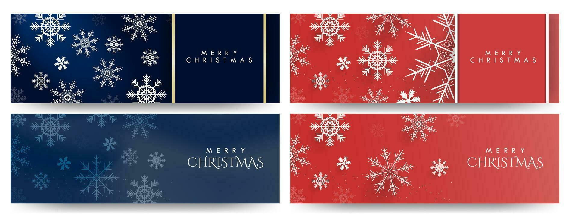 Set of Horizontal Christmas Banners with copy space. Blue Gradient Christmas banner with white snowflakes, gold embellishments. Red Christmas banners with big 3d snowflakes. Vector Illustration.