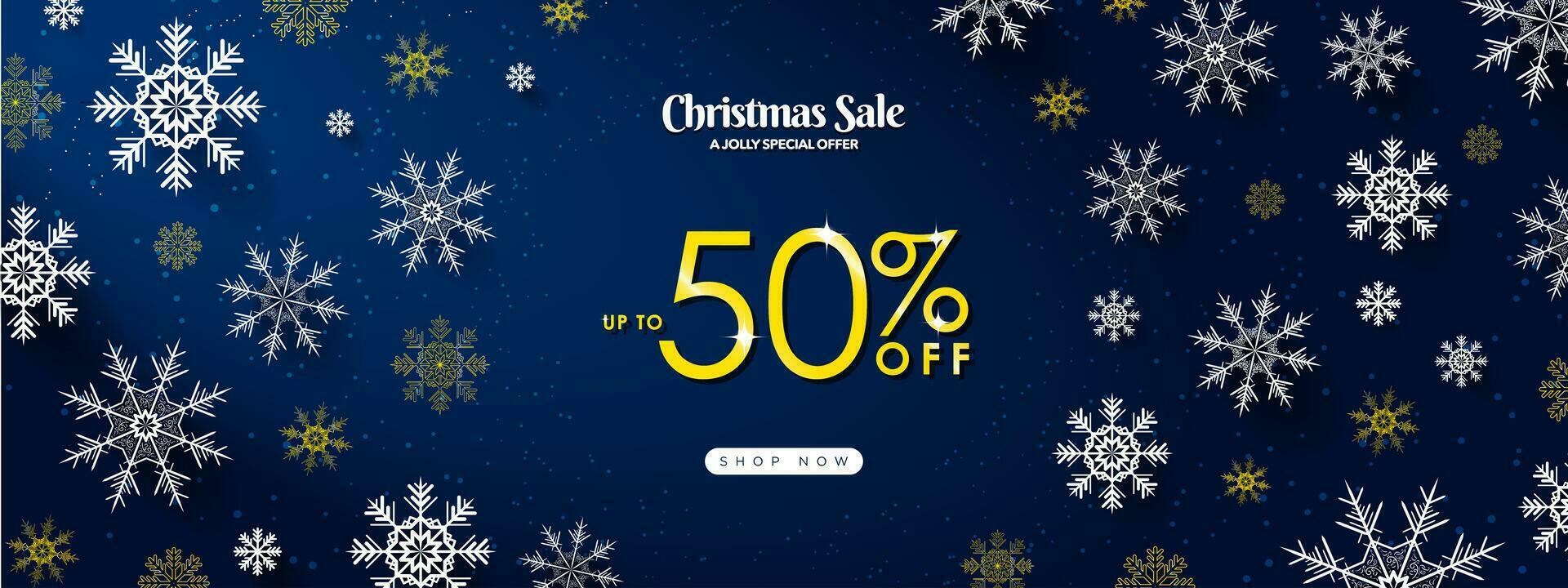 Beautiful Christmas Sale Sign Banner Template with 50 off gold typography and shop now button, dark blue gradient background with corner light and 3d gold and white snowflakes. Vector Illustration.