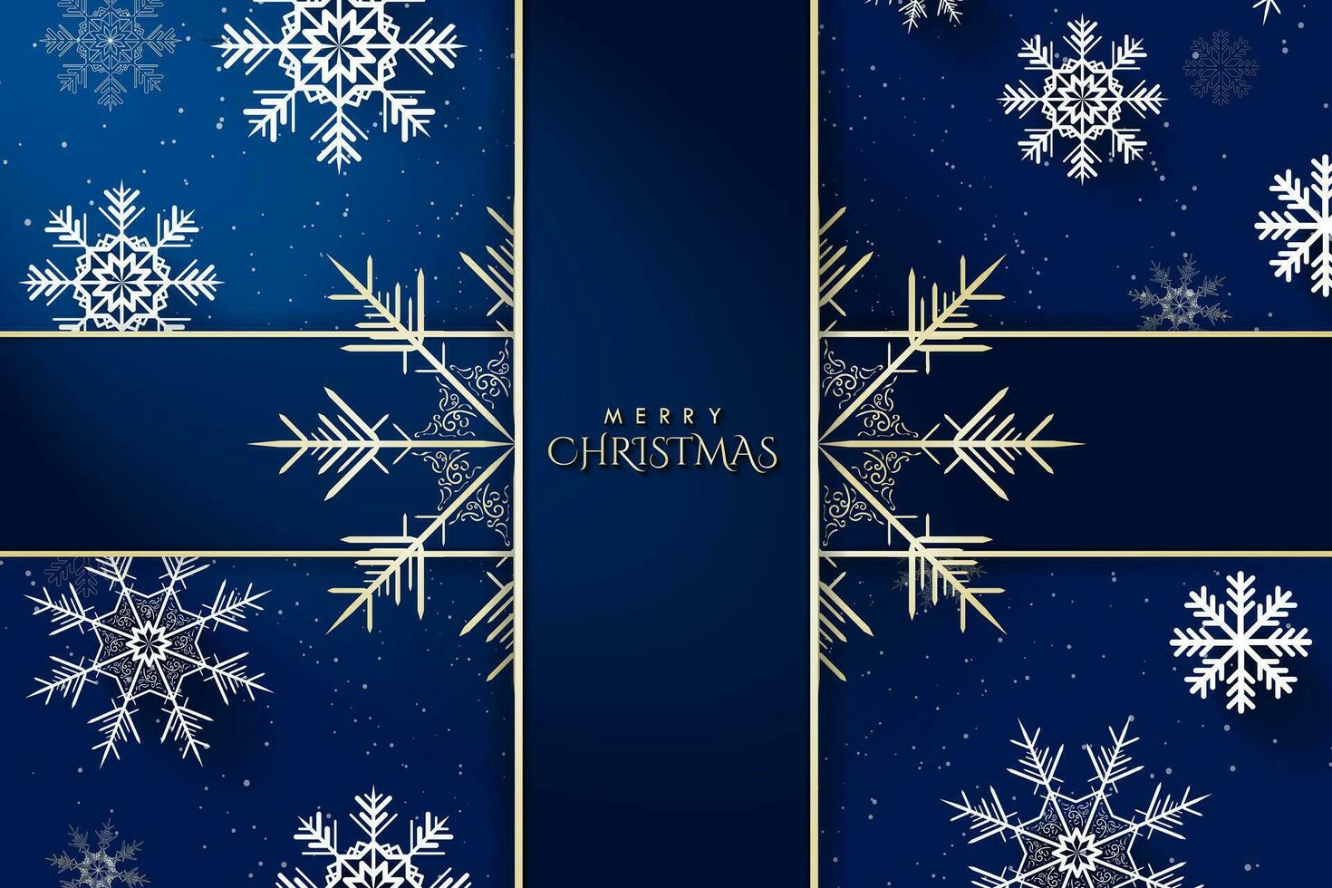 Christmas Banner with 3d gold snowflakes and geometric dark blue wrappings for copy space on light blue gradient background. Beautiful Christmas Banner. Vector Illustration. EPS 10.