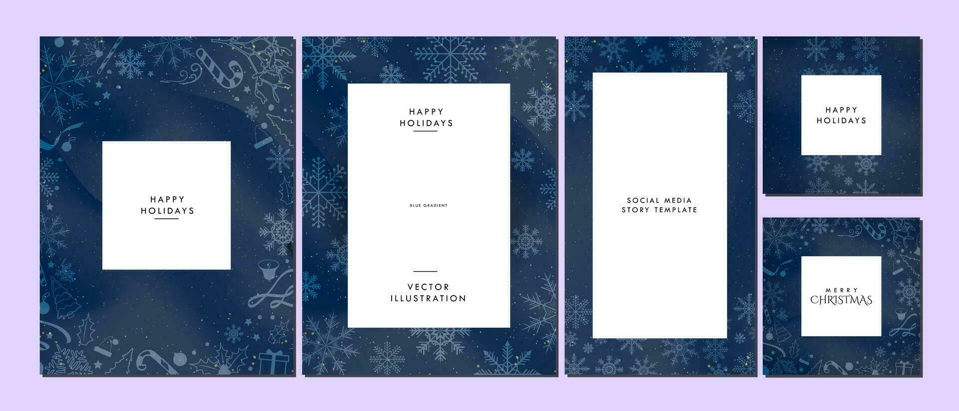 Merry Christmas and Happy Holiday Greeting Cards, social media story, and Poster on blue gradient background and soft white Christmas elements. Elegant Christmas Template designs. Vector Art.