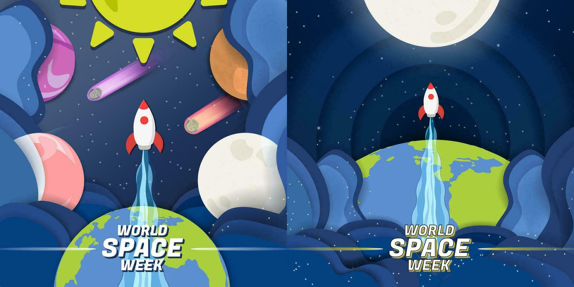 Set of World Space Week Colorful Paper Craft Art. Bright and Vivid textured. Outer space with space ship from Earth, Sun and moon, asteroids. Vector Illustration.