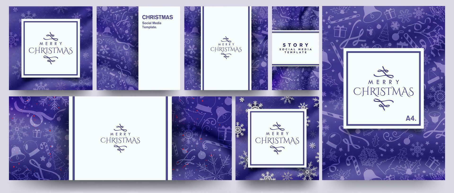 Collection of Beautiful Christmas Templates on blue gradient background with white copy space . Christmas Cards, Banner, a4 Poster template, social media story template. Xmas pattern. Vector. vector