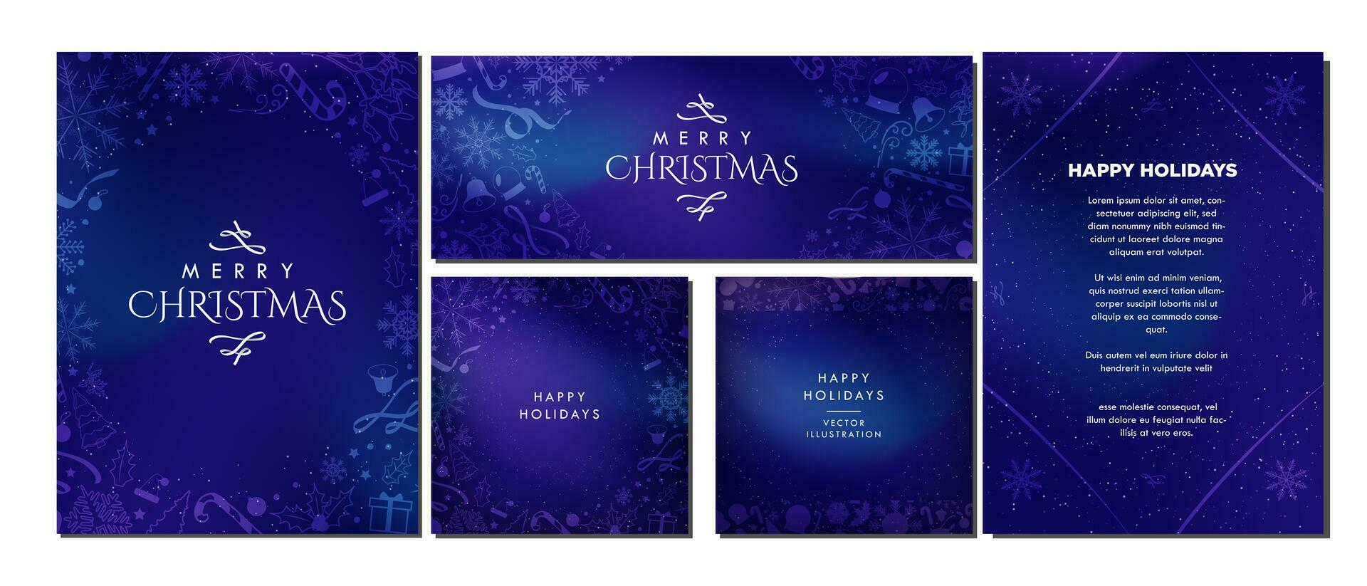Stylish Christmas theme Backgrounds in blue gradient background and decorated with soft white Christmas elements. Beautiful minimalist Winter templates. Card, banners, posters. Vector Illustration.