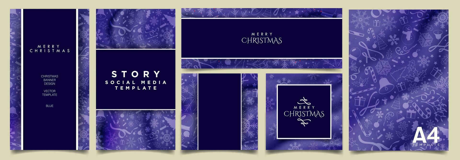 Bright Blue Gradient Christmas Card Poster Templates, greeting cards, poster, banner layouts. Monochromatic Decorative Christmas design templates. Luxurious xmas mock ups. Vector Illustration. EPS 10.
