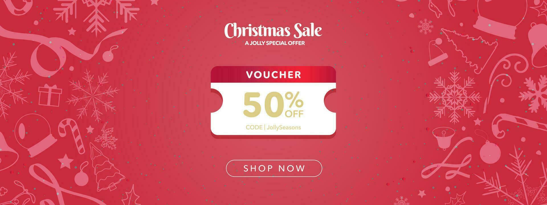 Christmas Sale 50 Voucher with Code copy space template on Red Gradient Background with soft white christmas decoration designs. Editable Christmas coupon banner. Vector Illustration. EPS 10.