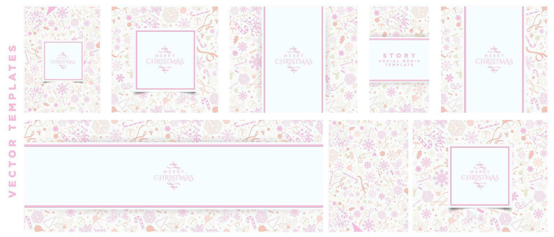 White Christmas Background Collection Designs. Beautiful White Christmas Themed Templates with Christmas elements in pink, yellow, peach, magenta. A4 Posters, Greeting Cards, Banners, Story. EPS 10. vector