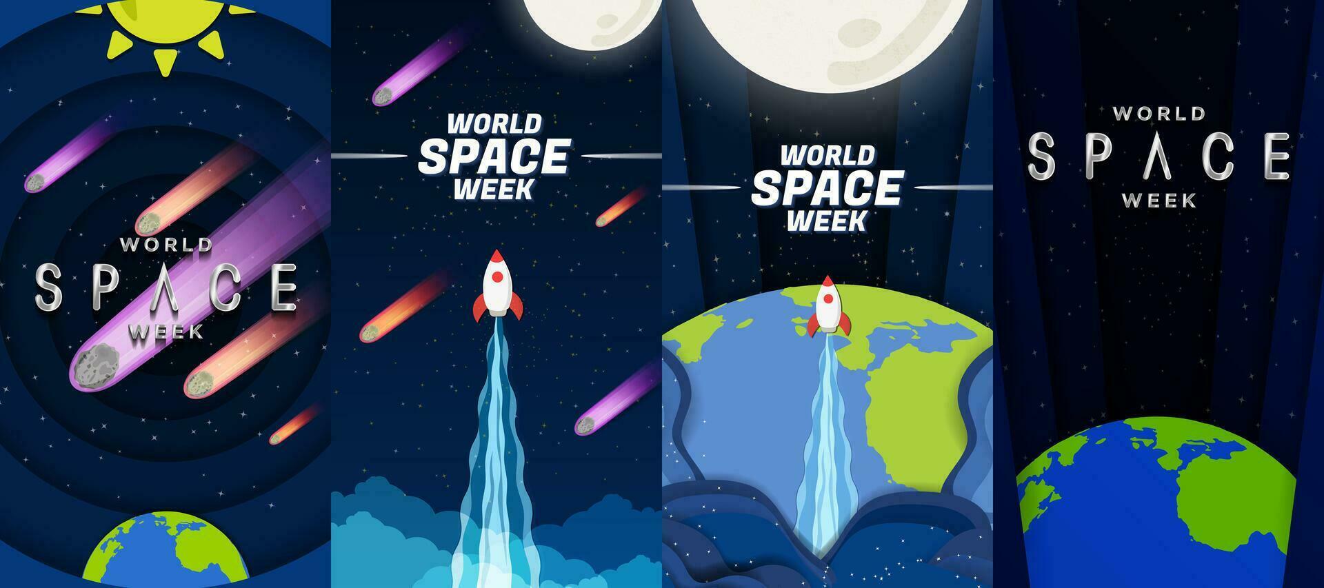 Set of World Space Week Vertical Posters. Bright and colorful. Asteroids, rocket ship, earth, moon. Cartoon and paper art style. Perfect for posters, social media story, designs, cards. Vector. vector