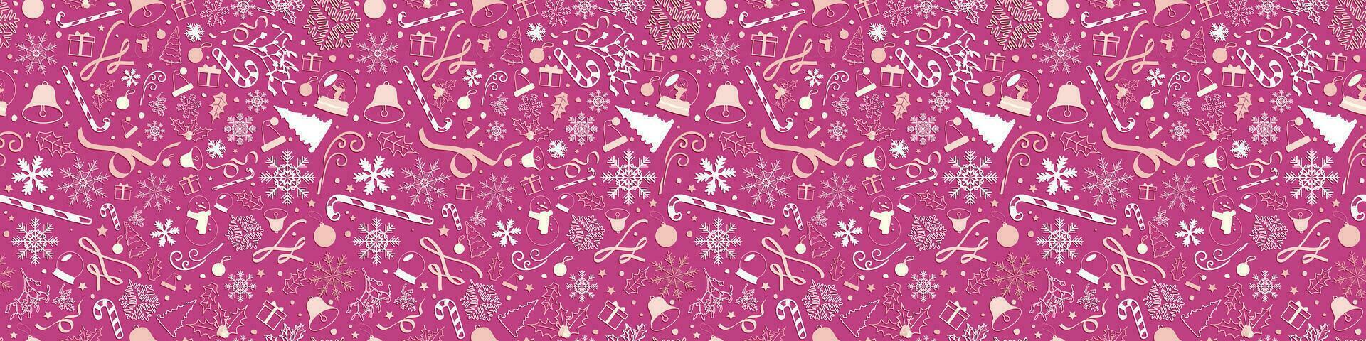 Big Horizontal Christmas Banner Seamless Pattern with cute Orange and Peach Christmas elements on Magenta-red Background. Snowflakes, Christmas trees, Snowman, candy cane, bells, wreath, stars, santa vector