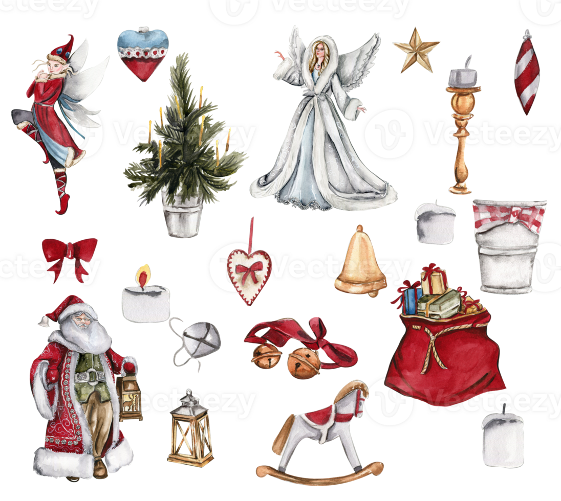 Set of elements for Christmas. Christmas tree, red bag with presents, angel, elf , Santa. Watercolor hand drawn illustration. Winter holiday. png