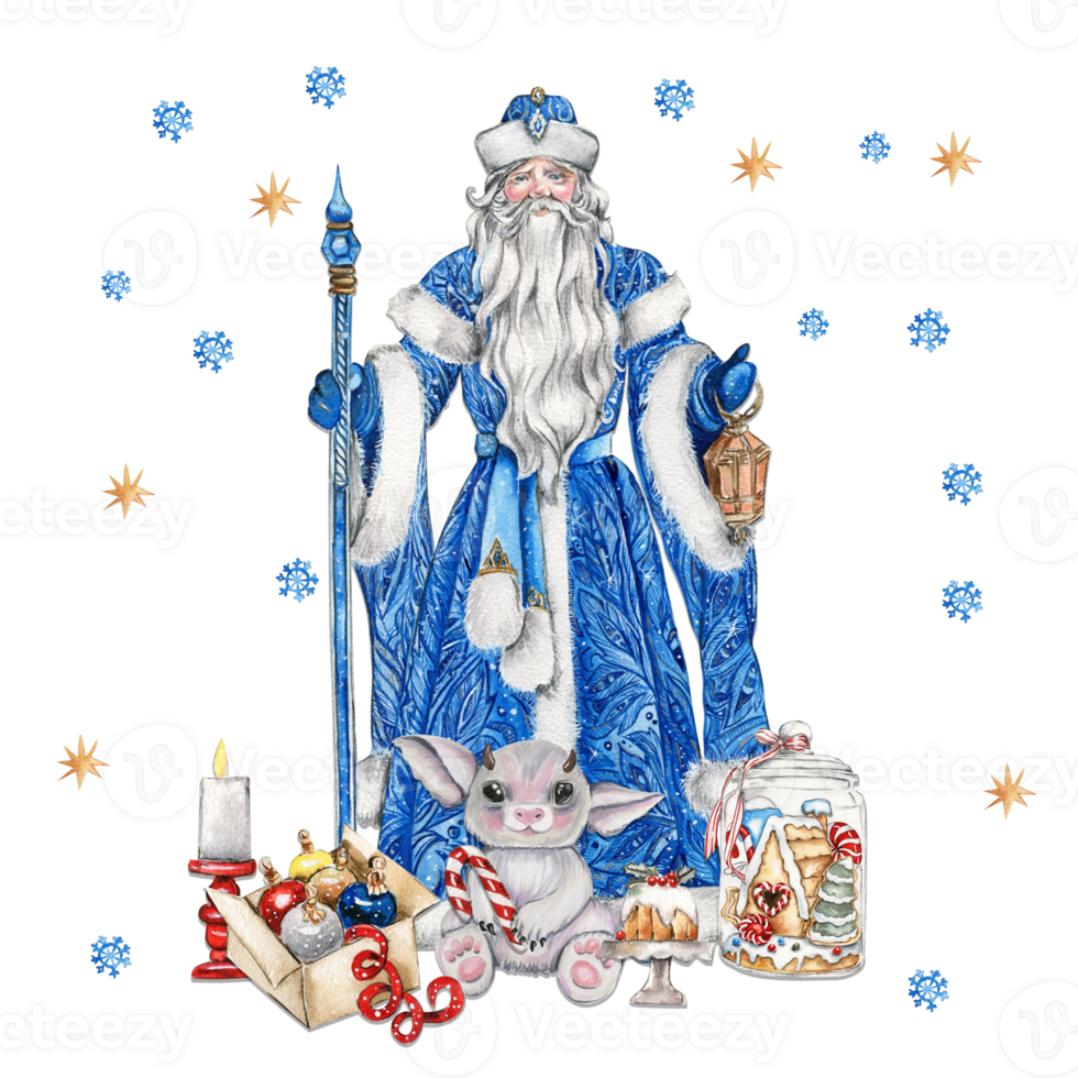 Composition of Santa Claus with Christmas stick,long white beard and lamp in hands in blue coat with white ornament with box with presents and cute animals. png