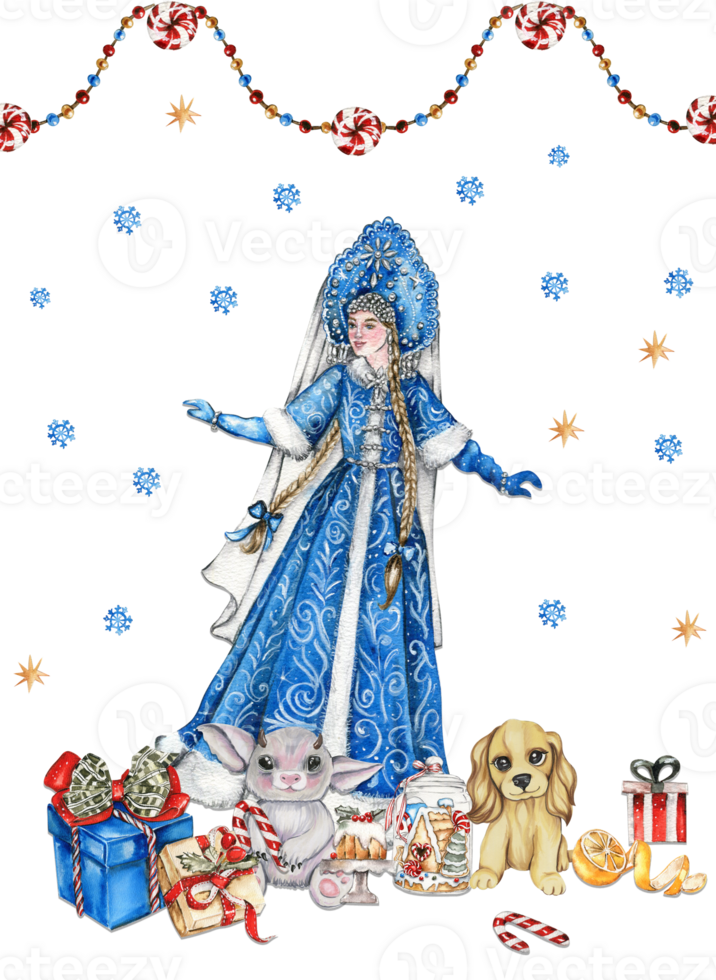 das Schnee Mädchen im ein Weihnachten Kleid mit Baby Tiere. png