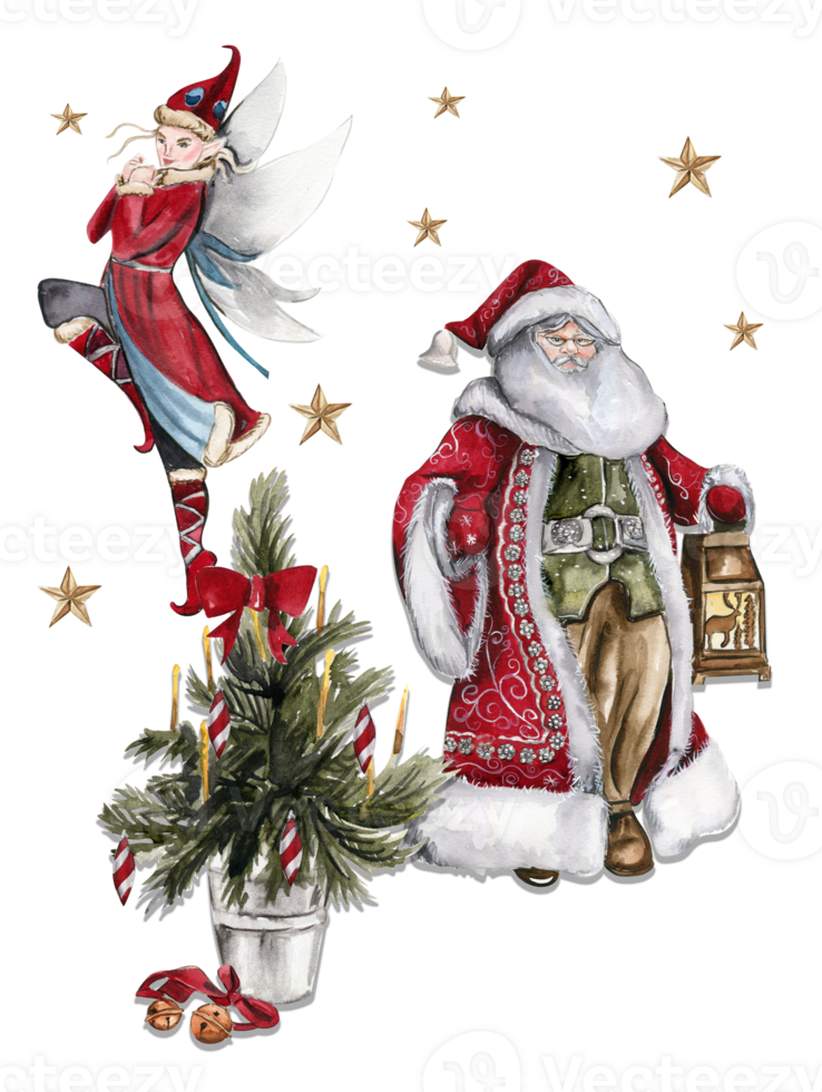 Watercolor illustration of Santa Claus Christmas tree and elf. Greeting New Year's card, Santa Claus with long white beard. Santa in red coat with white ornament. png