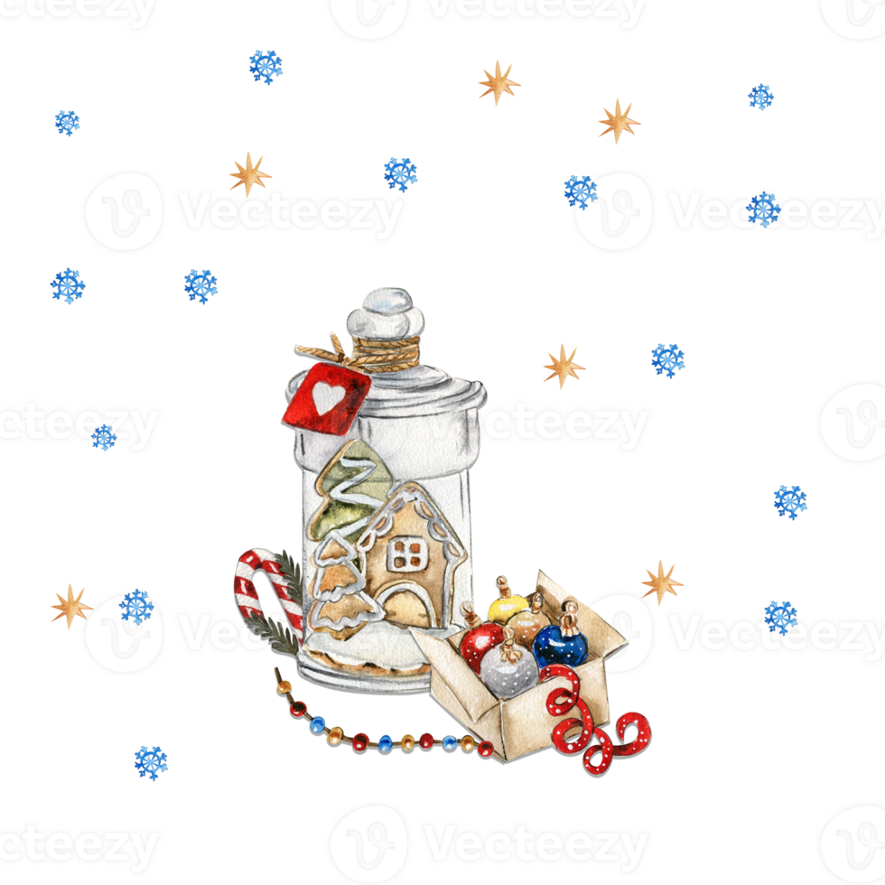 Christmas composition with glass bottle with gingerbread house inside. png