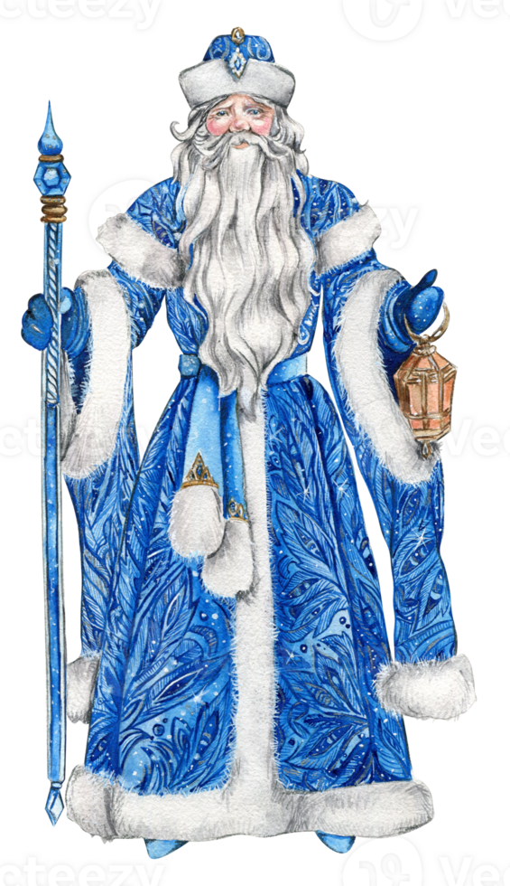 Watercolor illustration of Santa Claus with Christmas stick . Greeting New Year's card, Russian Santa Claus with long white beard. Santa in blue coat with white ornament. png