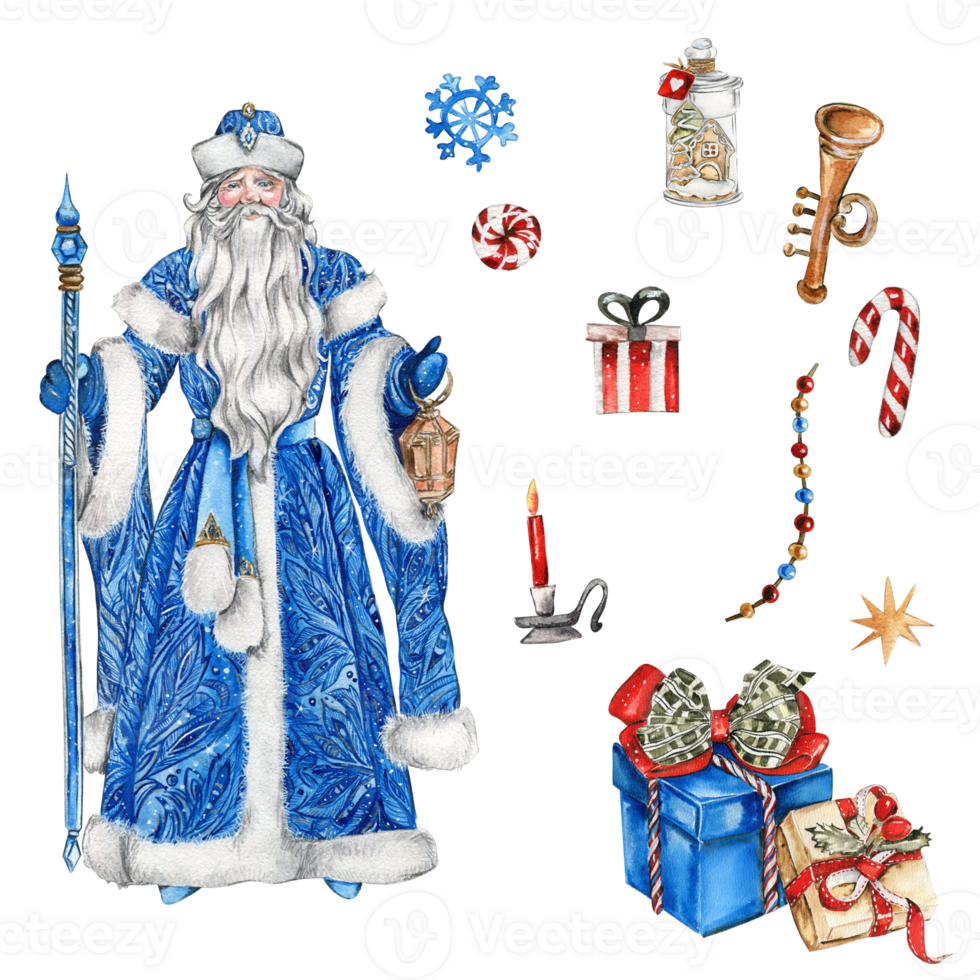 Watercolor illustration of Santa Claus and box with Christmas gifts. New Year's card, Santa Claus with long white beard.Santa in blue coat with white ornament. png