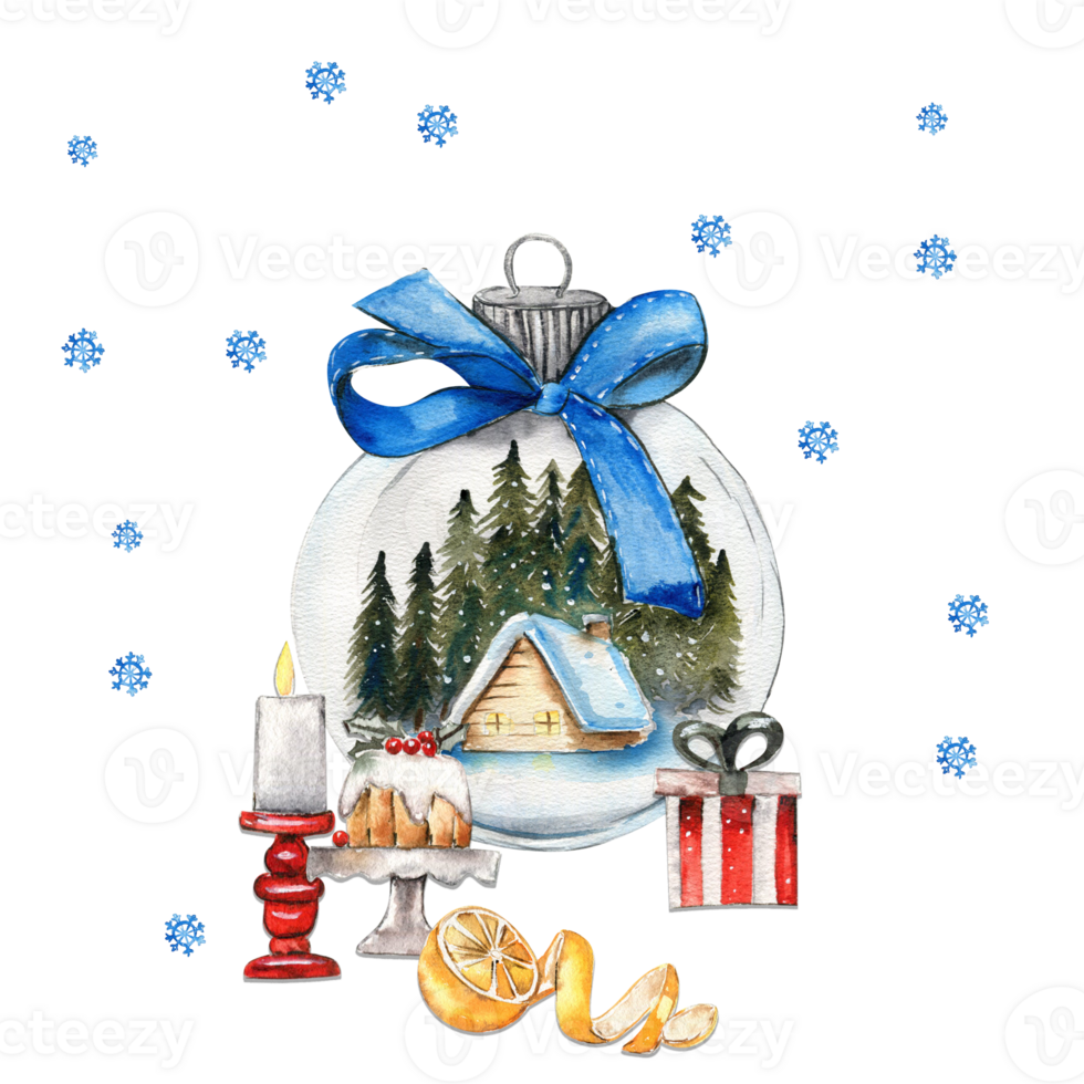 Christmas composition with glass ball with wooden house in snow and forest behind inside. png