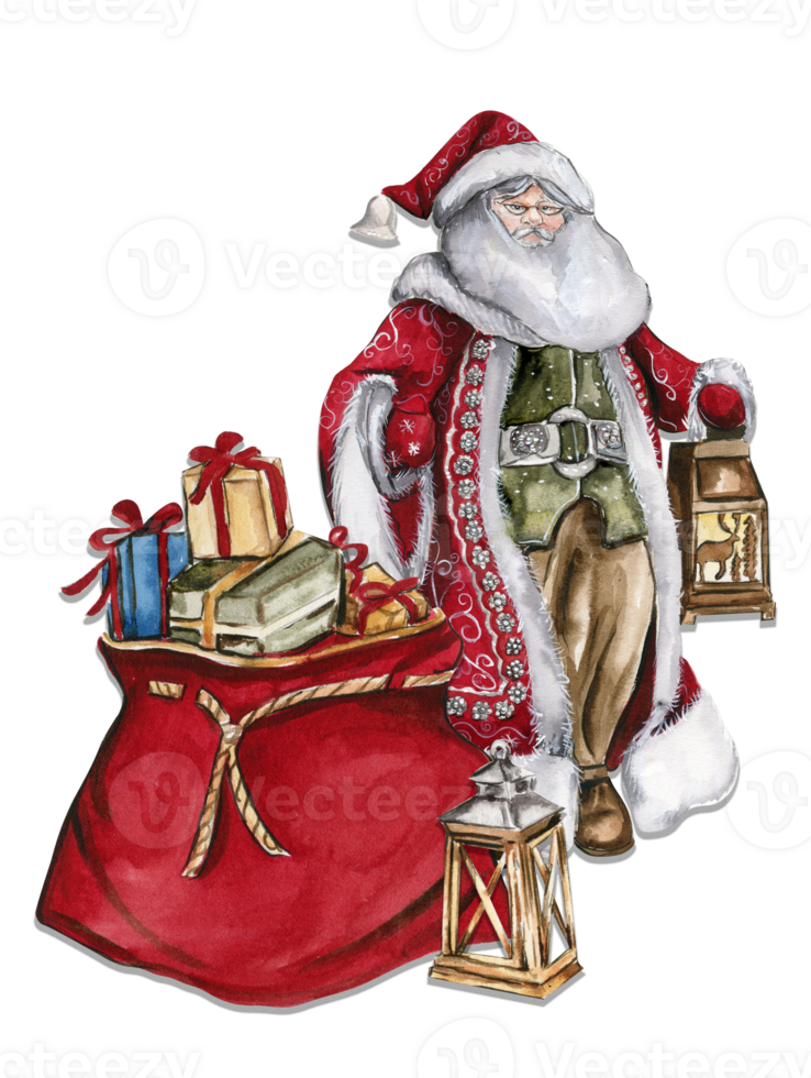 Watercolor illustration of Santa Claus and red bag with Christmas gifts. Greeting New Year's card, Santa Claus with long white beard. Santa in red coat with white ornament. png