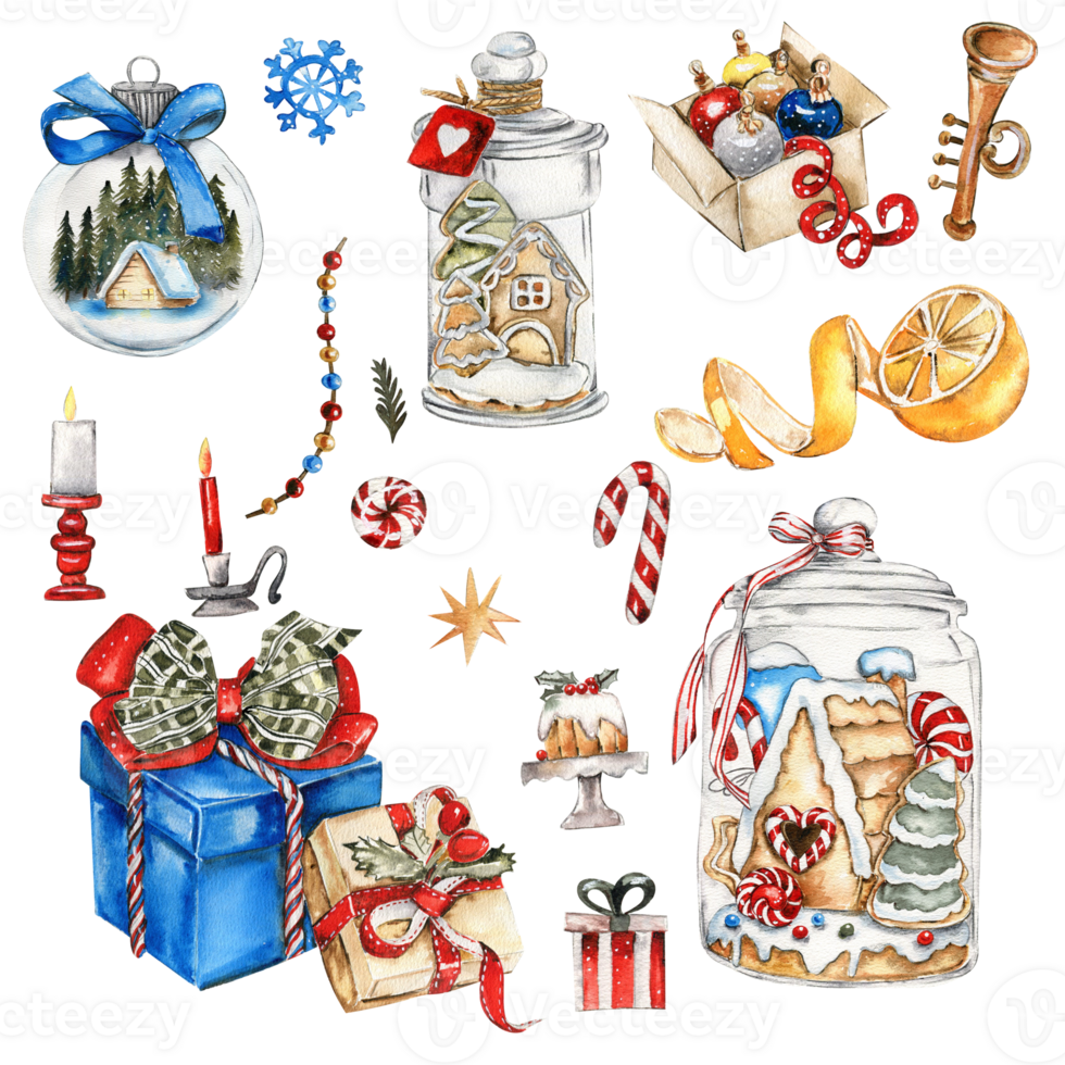 Set of elements for Christmas. Gift boxes, candle, cake, cookies, lemon. png