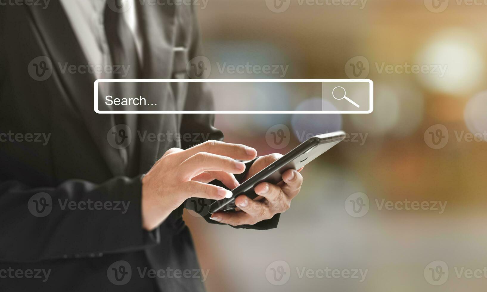 Businessman use smartphone for search page. Searching information data on internet networking. photo