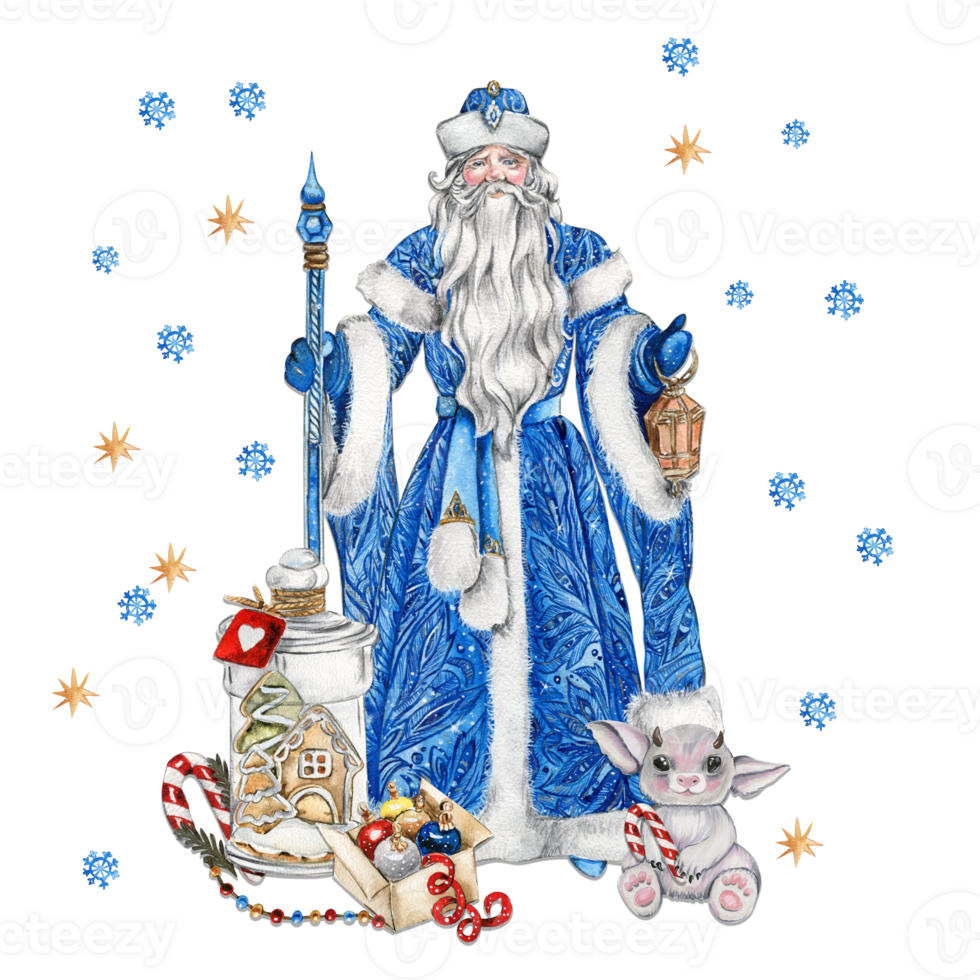 Composition of Santa Claus with Christmas stick,long white beard and lamp in hands in blue coat with white ornament with box with presents and cute animals. png