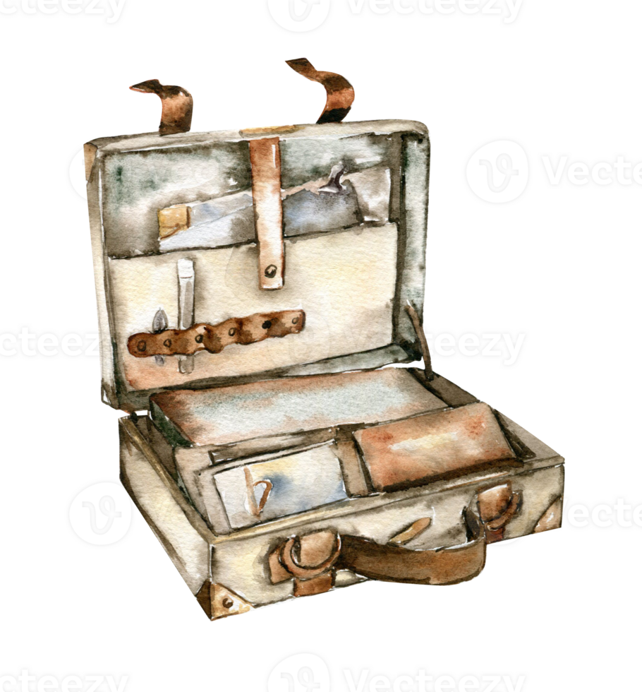 Old shabby open green suitcase. png