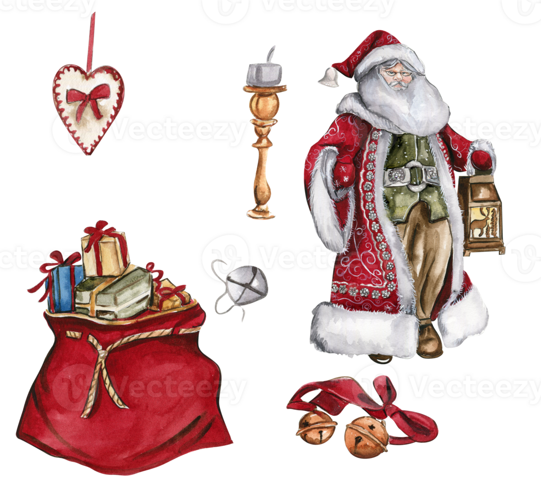 Watercolor illustration of Santa Claus, bells and red bag with Christmas gifts. Greeting New Year's card, Santa Claus with long white beard. Santa in red coat with white ornament. png