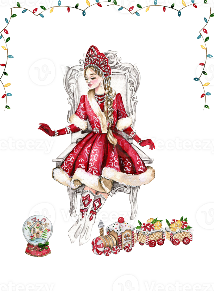 The Snow Maiden in a christmas dress. Watercolor illustration. Snow Maiden, fabulous winter Russian girl, Cute granddaughter of Russian Santa Claus, watercolor portrait in a red winter colors. png
