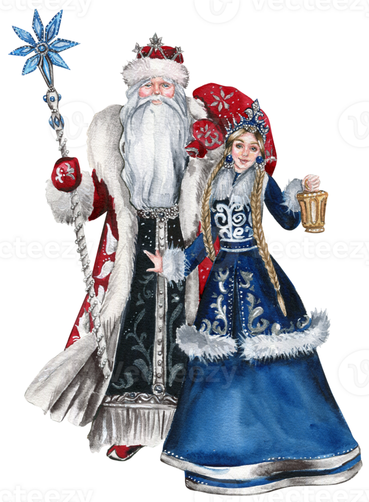 Santa Claus with Christmas stick, long white beard in red coat with white ornament and Snow Maiden in a blue coat. png