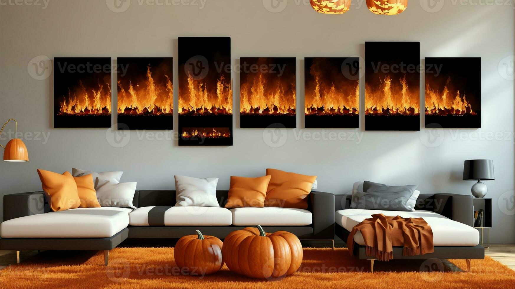A Living Room Filled With Furniture And A Fire In The Fireplace. AI Generated photo