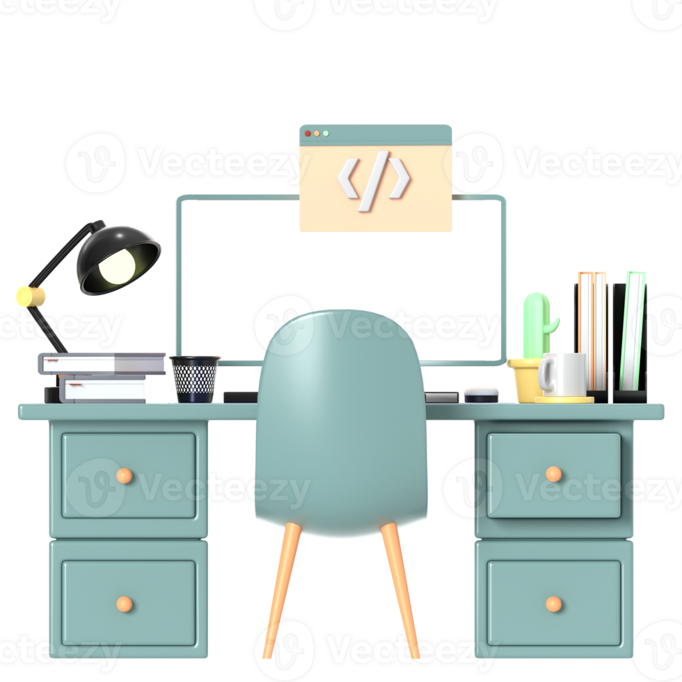 3d illustration of desktop with a computer on top with high quality render png