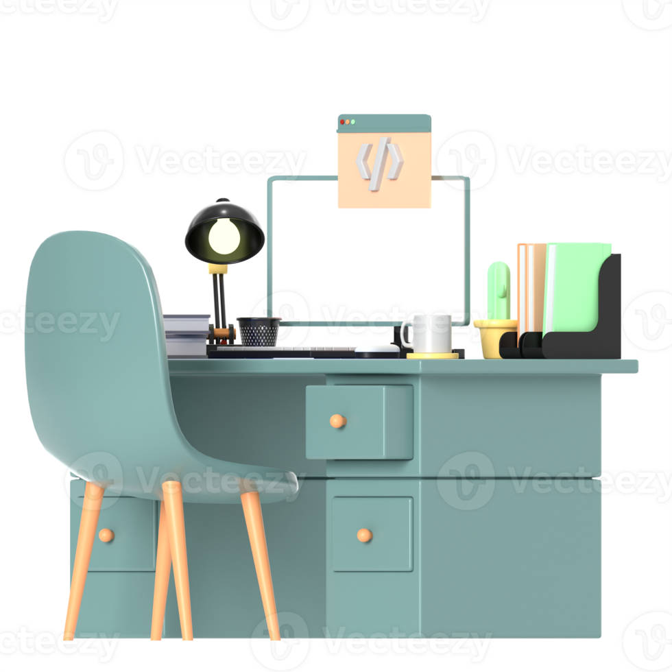 3d illustration of desktop with a computer on top with high quality render png