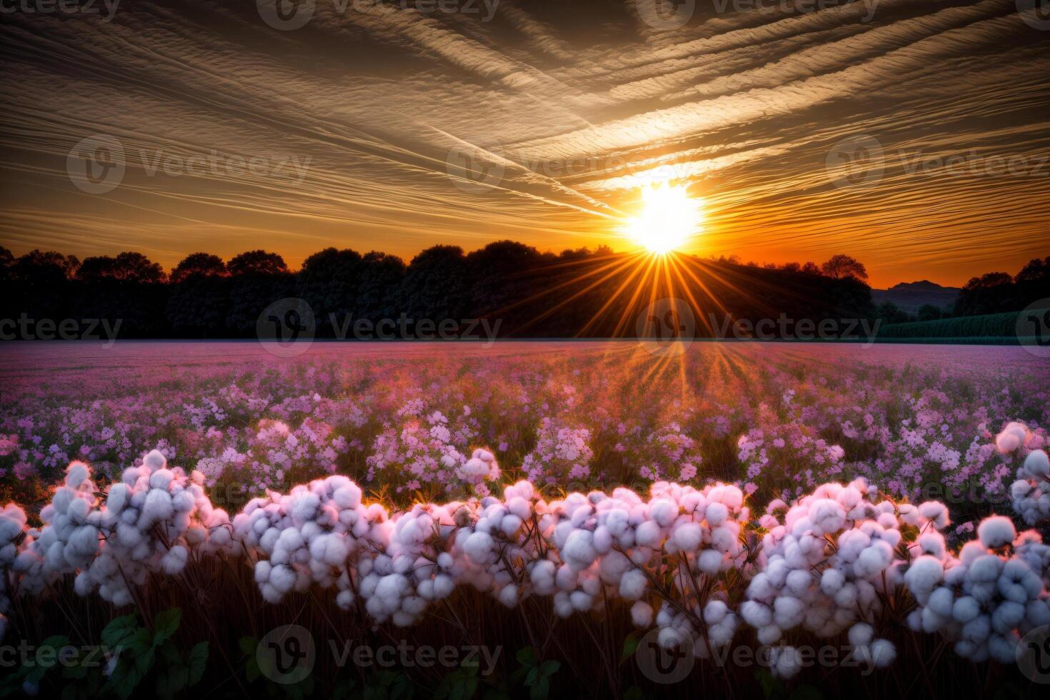 A Field Of Cotton Plants With The Sun Setting In The Background. photo