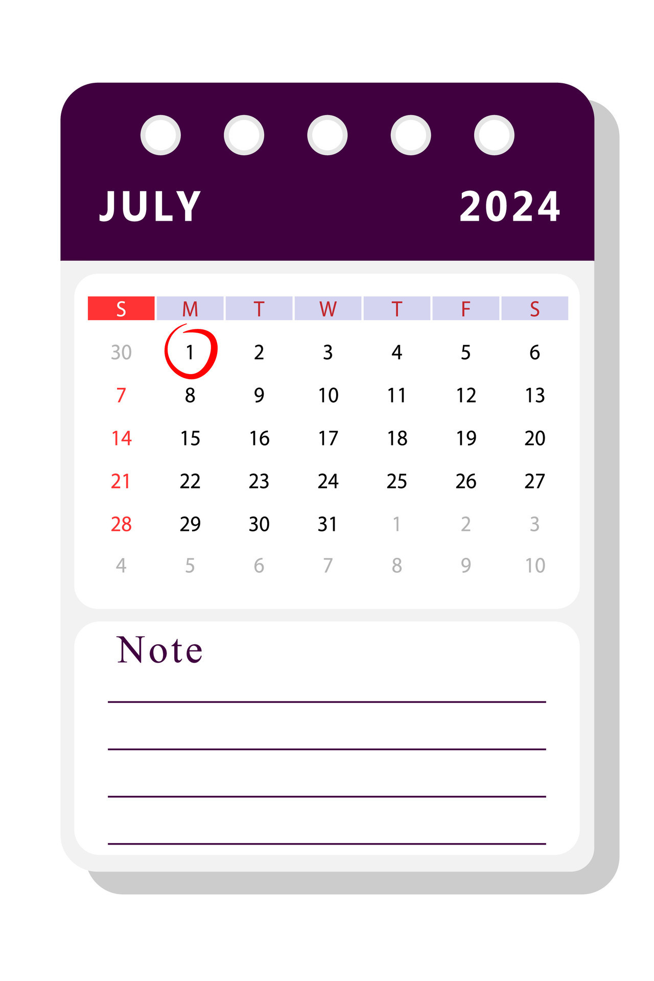 July 2024 note calendar template. Vector design 26425980 Vector Art at